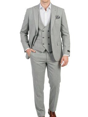 Light Grey Birdseye Double Breasted Vest Peak Lapel Skinny Fit Men's Suit